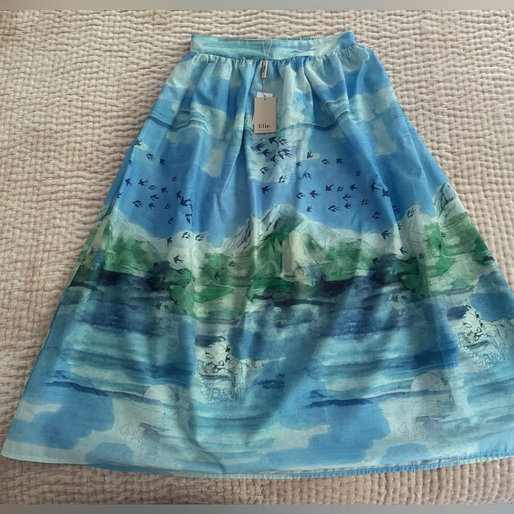 Ellie Tahari Blue Green Maxi A-Line Skirt Unlined with Pockets 100% Cotton NWT